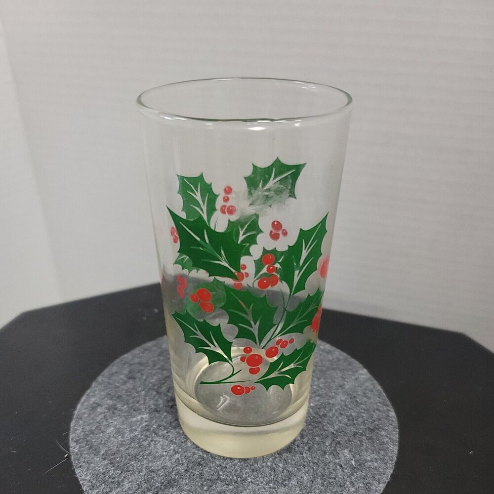 Indiana Glass 8 Christmas Holly Decorated Crystal Beverage Tumbler 8oz Highball